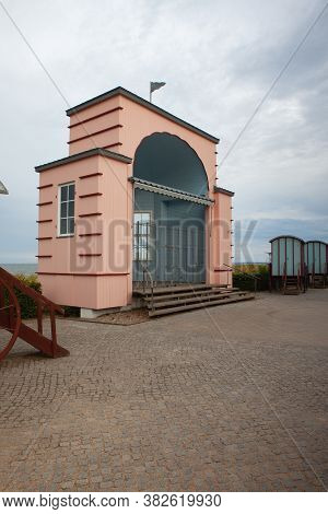 Historic Bathing Cars On The Promenade, Bansin Beach Resort, Germany. Funny Bathing Cabin On Usedom 