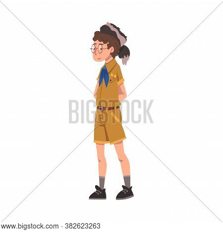 Scout Boy, Scouting Kid Character Wearing Uniform, Blue Neckerchief And Coonskin Cap, Summer Camp Ac