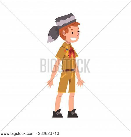 Cute Smiling Scout Boy, Scouting Kid Character Wearing Uniform, Neckerchief And Coonskin Cap, Summer