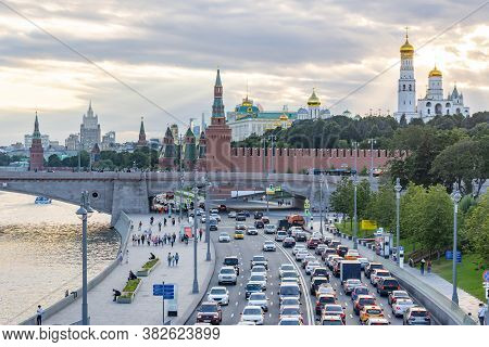 Moscow, Russia - August 2020: Kremlevskaya Embankment With Towers Of Moscow Kremlin At Sunset