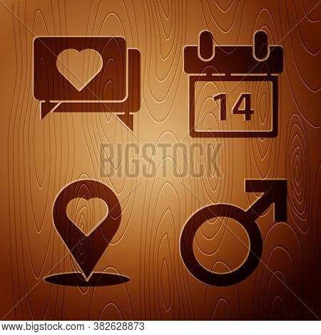 Set Male Gender Symbol, Like And Heart, Map Pointer With Heart And Calendar With February 14 On Wood