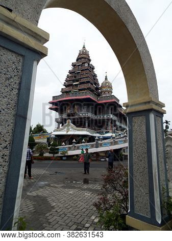 Medan, Sumatra, Indonesia, January 9, 2018: People Outside The Graha Maria Annai Velangkanni Church.