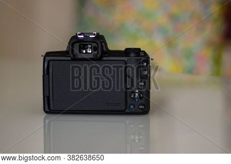 Frankfurt, Germany - 26th August 2020: A German Photographer Prepares His Old Canon Eos M50 With The