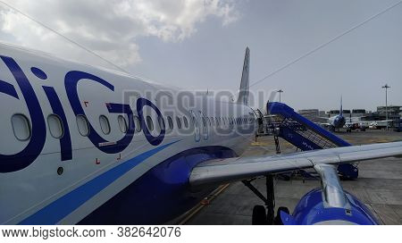 Mumbai, Maharastra/india- April 09 2020:tail Of A Big Passenger Airplane Standing On The Runway Duri