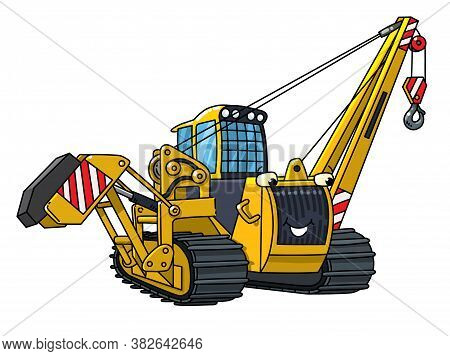 Pipe Laying Vehicle. Funny Construction Car With Eyes.