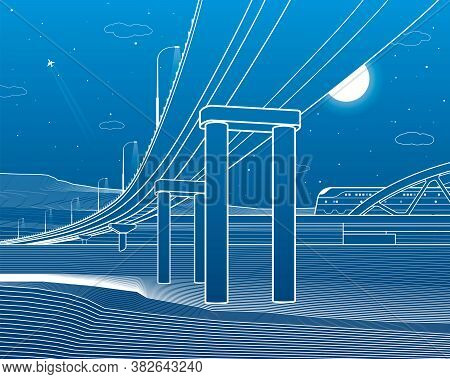 Outline Road Bridge. Car Overpass. Train Rides. Infrastructure Illustration. Vector Design Art. Whit