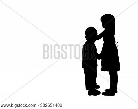 Silhouettes Of Girls Older Sister And Boy Younger Brother. Illustration Graphics Icon