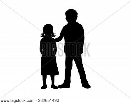 Silhouettes Of Boy And Girl. Older Brother And Younger Sister. Illustration Graphics Icon