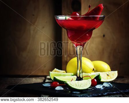 Watermelon Margarita With Lemon, Lime And Ice, Alcoholic Cocktail, Vintage Wooden Background, Select