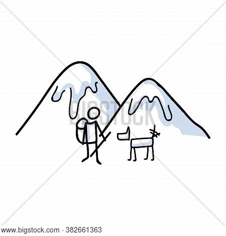Hand Drawn Stickman Hiking With Dog Concept. Simple Outdoor Vacation Doodle Icon For Staycation, Fam