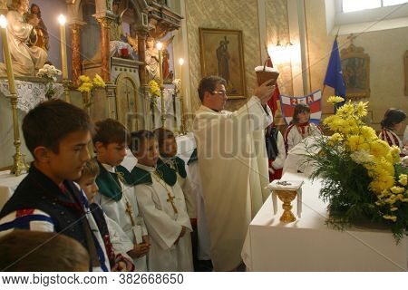 SOPJE, CROATIA - NOVEMBER 24, 2014: Mass on Thanksgiving day in Sopje, Croatia