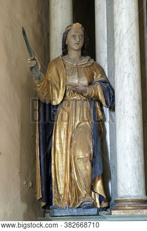 SLAVETIC, CROATIA - JULY 22, 2013: St. Agatha, statue on the altar of St. Barbara in the parish church of St. Anthony the Hermit in Slavetic, Croatia