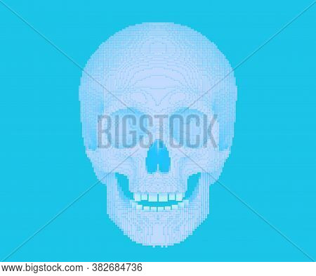 Pixelated Or Blocky Skull On Blue Bakground, 3d Render