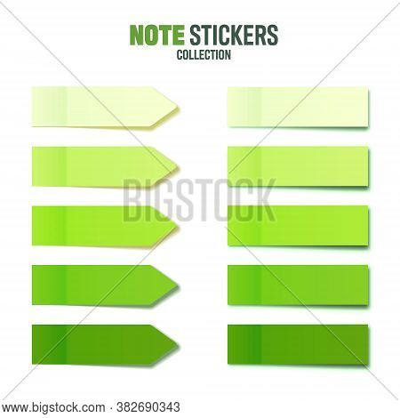 Realistic Green Sticky Notes Collection. Arrow Flag Tabs. Post Note Stickers. Colorful Sticky Paper 
