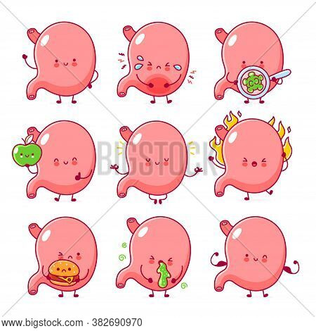 Cute Happy Healthy And Sad Unhealthy Funny Stomach Organ Set Colllection. Vector Flat Line Cartoon K