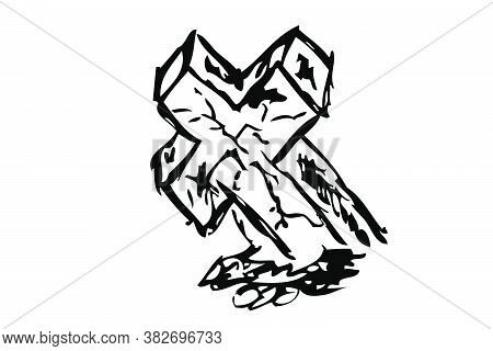 Vector Doodle Hand Draw Sketch, Christian Stone Grave And Grass, Isolated On White.