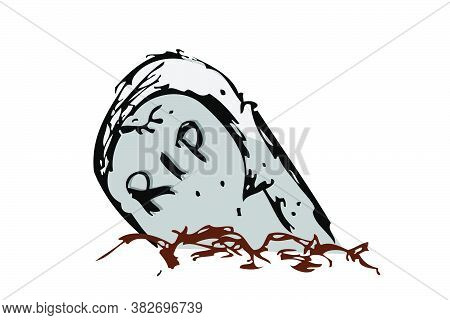 Vector Doodle Hand Draw Sketch, Christian Stone Grave And Grass, Isolated On White.