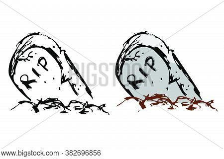 Vector Doodle Hand Draw Sketch, Christian Stone Grave And Grass, Isolated On White.