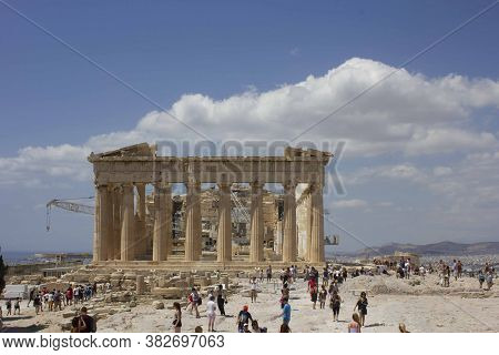 Athens, Greece - August 13 2016: The Parthenon Temple Under Renovation Works In Athens Acropolis