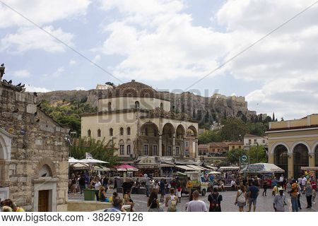 Athens, Greece - August 13 2016: Monastiraki Main Square In Athens, At The Bottom Of The Acropolis