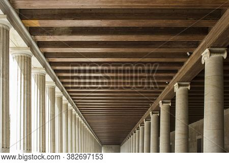 Athens, Greece - August 13 2016: The Colonnade Of Stoa Of Attalos Historic Monument In Athens, Greec