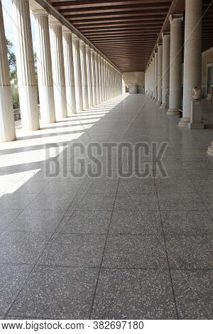 Athens, Greece - August 13 2016: Corridor Of The Main Floor Of The Stoa Of Attallos Monument In Athe