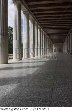 Athens, Greece - August 13 2016: Corridor Of The Main Floor Of The Stoa Of Attallos Monument In Athe