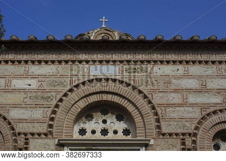 Athens, Greece - August 13 2016: Architectural Detail Of The Wll Of The Byzantine Church Of Holy Apo