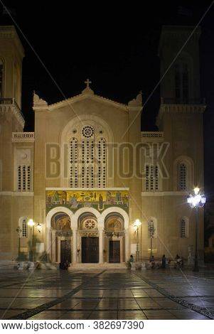 Athens, Greece - August 13 2016: Night View Of Mitropolis Square In Athens, With Annunciation Cathed