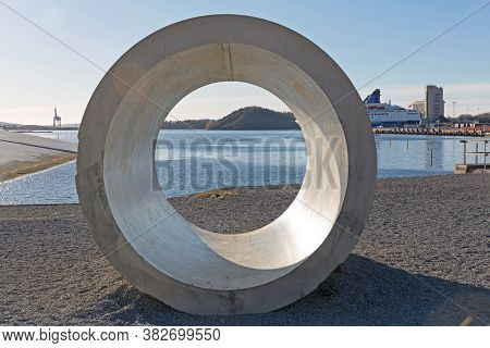 Looking Throgh Big Concrete Pipe Construction At Oslo Beach