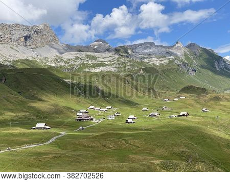 Traditional Alpine Livestock Settlement Tannalp Next To Lake Tannensee And In The Uri Alps Massif, M