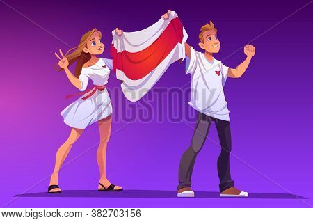 Demonstration For Freedom Of Belarus With Opposition Flag. Vector Cartoon Illustration With People H