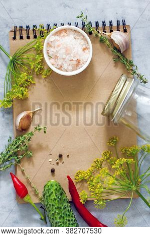 Pickled Cucumbers Background. Cucumbers, Dill, Peppers, Spices, Peppercorns, Horseradish Leaves, Cur