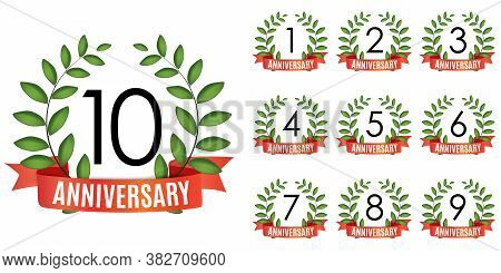 Collection Of  Years Anniversary Template With Red Ribbon And Laurel Wreath Vector Illustration