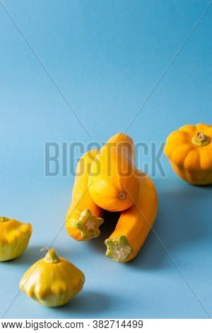 Fresh Harvest Of Zucchini And Pattypan Squash, Yellow Squash And Pattison On Blue Background