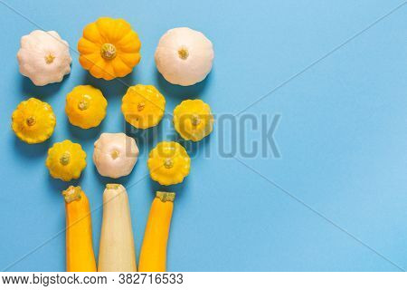 Fresh Harvest Of Zucchini And Pattison, Yellow Squash And Pattison On Blue Background