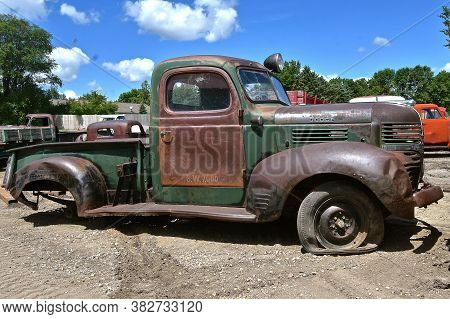 Lake Park, Minnesota, July 29, 2020: The Old Doge Pickup Is A Product Of Dodge, An American Brand Of
