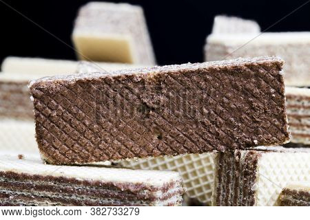 Very Sweet Because Of Sugar, Delicious And Crunchy Waffles With Chocolate Filling, Close Up Of Sweet