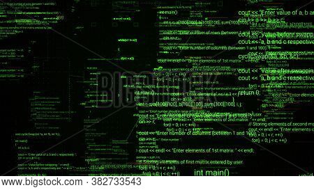 Abstract Computer Monitor With Moving Symbols. Animation. Green Linux Terminal Commands On Black Bac
