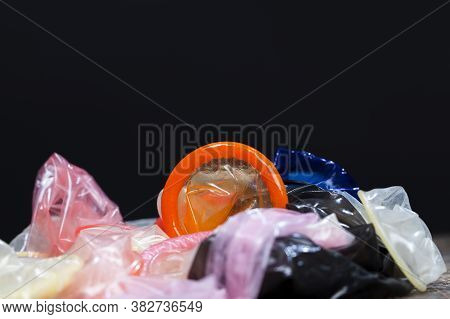 Group Of Latex Condoms Of Different Colors, Condoms Are Not In The Package, Made Of Natural Latex