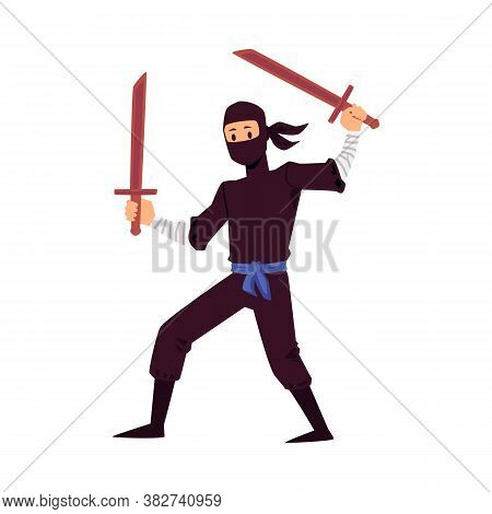 Vector Illustration Of A Ninja With Swords On A White Background.