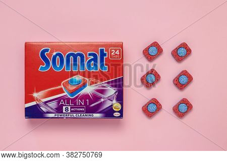 Kharkiv, Ukraine, August 27, 2020: Packaging Of Somat: A Detergent Tablet For Cleaning Dishware In A
