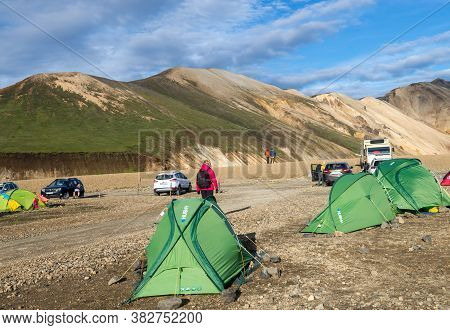 Landmannalaugar, Iceland - July 30, 2017: Tourist Camp In Volcanic Mountains Of Landmannalaugar In F