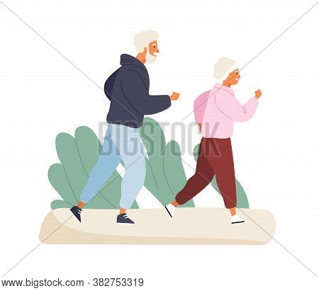 Happy Elderly Couple Running At Summer Park Vector Flat Illustration. Mature Man And Woman In Sports
