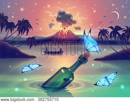 Fantasy Nature Landscape With Blue Neon Glow Butterflies Against Magic Lake, River Or Sea And Erupti