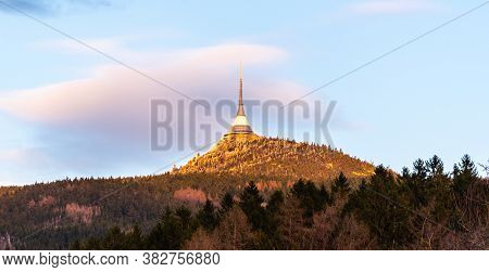 Jested Mountain With Modern Hotel And Transmitter On The Top. Extraordinary View From Krizany, Czech