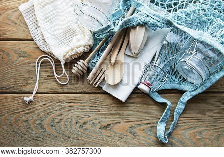 Cotton Bags, Net Bag With Reusable  Glass Jars, Bamboo And Wooden Cutlery. Zero Waste Concept. Eco F