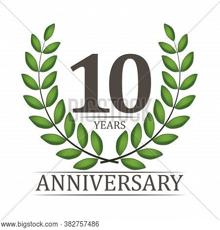 10 Years Anniversary Template With Red Ribbon And Laurel Wreath Vector Illustration