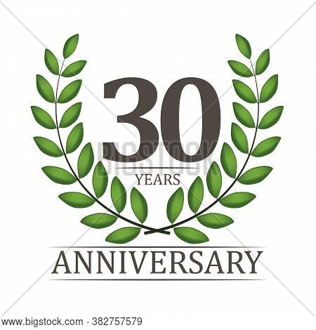 30 Years Anniversary Template With Red Ribbon And Laurel Wreath Vector Illustration