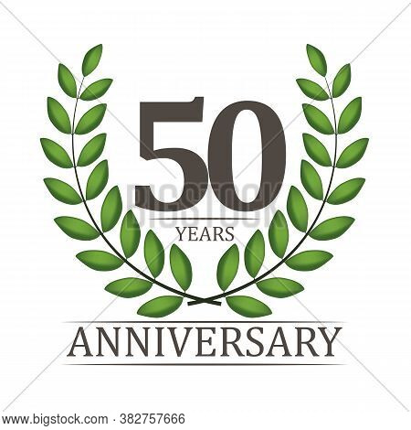 50 Years Anniversary Template With Red Ribbon And Laurel Wreath Vector Illustration